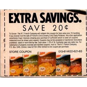 Save 20¢ French's Extra Creamy Tasty Potatoes Clinton IA 1980s Coupon SAI1-M5